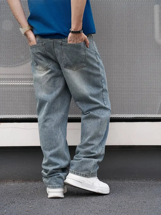 Men’s Straight Fit Washed Jeans – Light Blue, Loose Fit