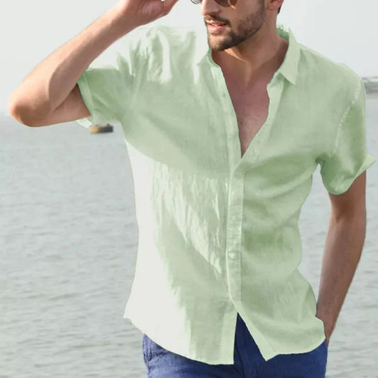 Men’s Casual Short Sleeve Button-Down Shirt – Solid Color, Vacation Style (M–3XL