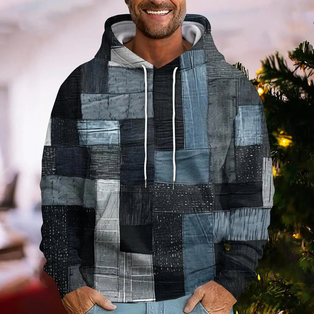 Denim Plaid Print Hoodie – Casual Loose-Fit Streetwear Sweatshirt for Men & Women