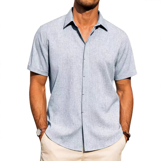 Men’s Casual Button-Down Shirt – Short Sleeve Linen Blend, Loose Fit
