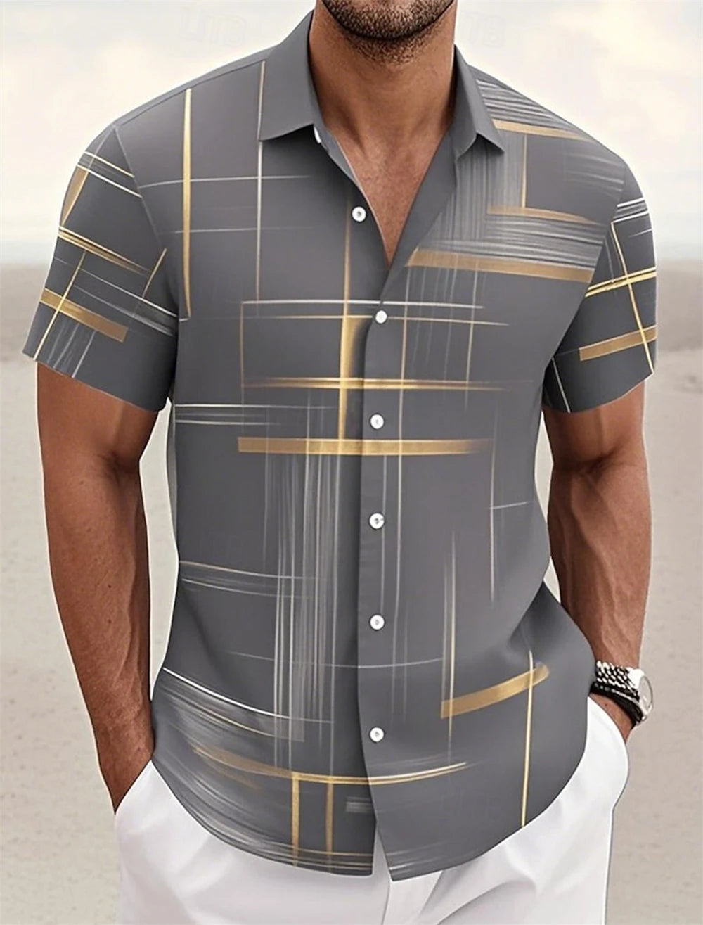 Men’s Geometric Print Short Sleeve Shirt – Casual Button-Down