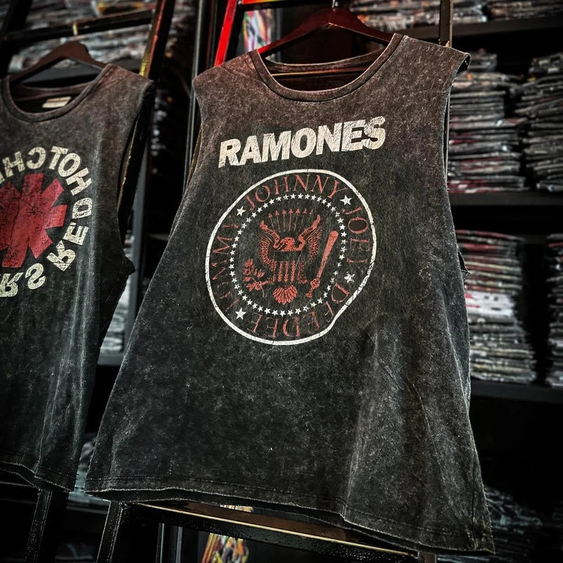 Men’s Vintage Washed Rock Band Tank Top – Sleeveless Cotton Gym Vest