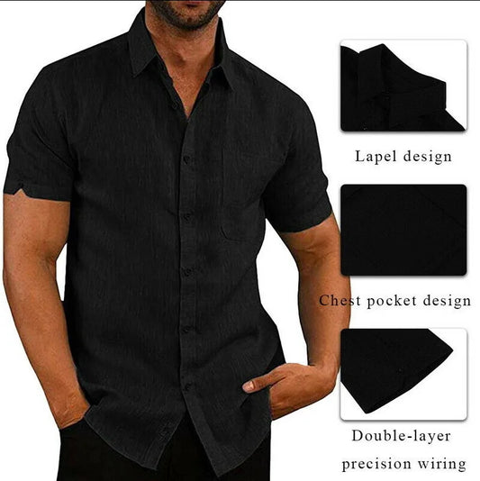 Men’s Linen Blend Button-Down Shirt – Short Sleeve, Chest Pocket, Casual Fit