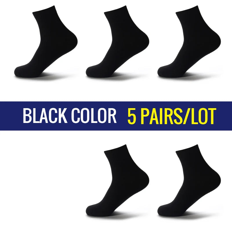 5 Pairs Men Business Socks Middle Tube Solid Color Black White Gray Blue
