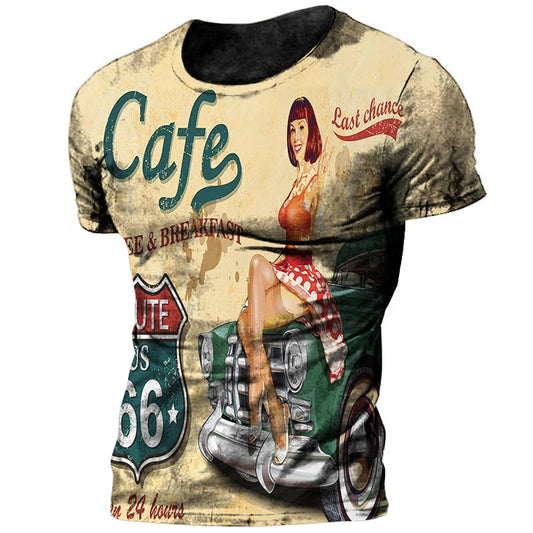 Men’s Vintage Route 66 3D Print T-Shirt – Oversized Short Sleeve