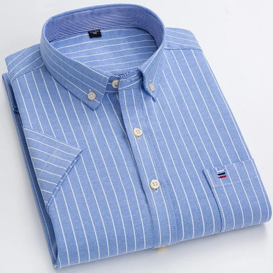 Men’s Plus Size Cotton Oxford Shirt – Short Sleeve, Plaid Stripes, Slim Fit Business Casual Style