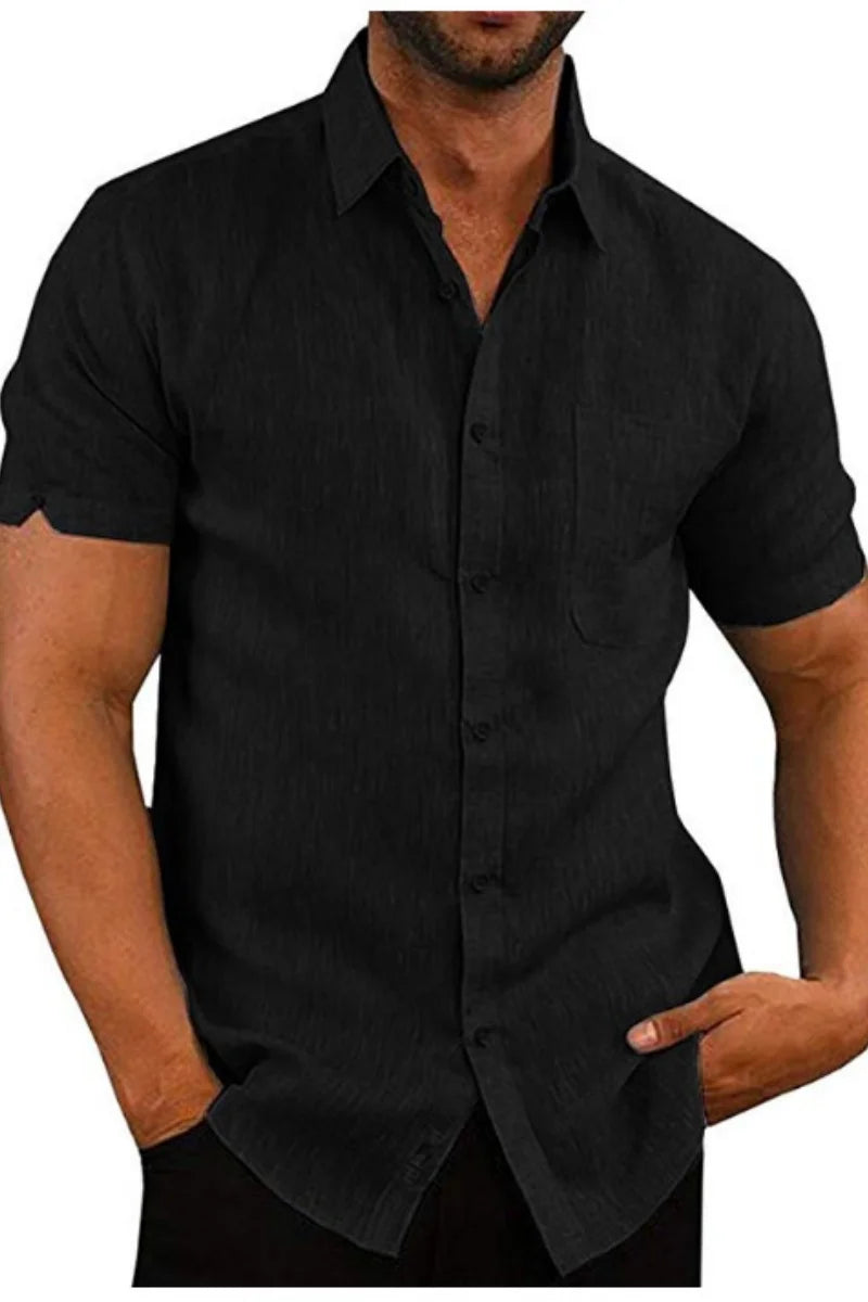 Men’s Linen Blend Button-Down Shirt – Short Sleeve, Chest Pocket, Casual Fit