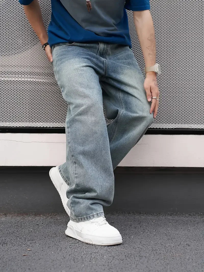 Men’s Straight Fit Washed Jeans – Light Blue, Loose Fit