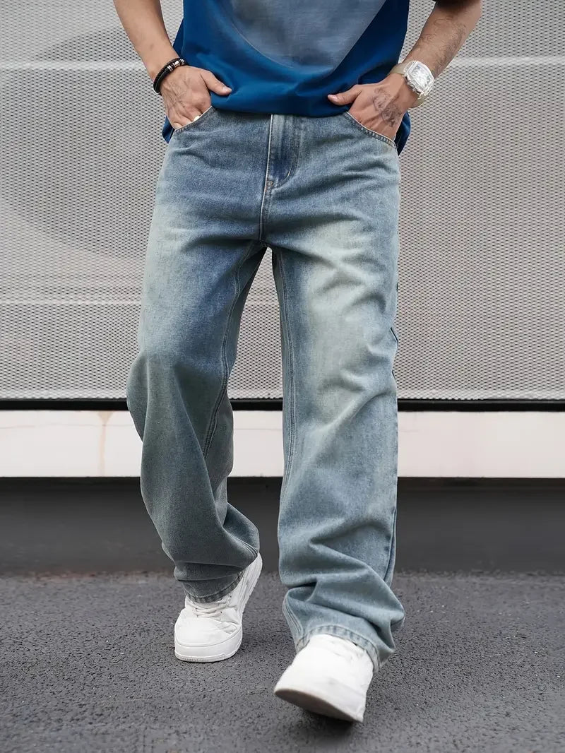 Men’s Straight Fit Washed Jeans – Light Blue, Loose Fit