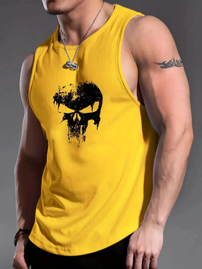 Men’s Punisher Solid Color Sleeveless Tank Top – Round Neck, Breathable Fitness Shirt