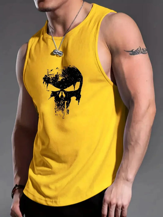 Men’s Punisher Solid Color Sleeveless Tank Top – Round Neck, Breathable Fitness Shirt