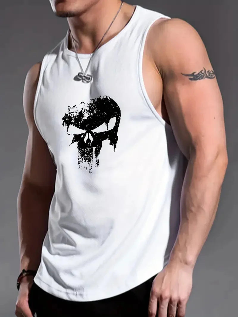 Men’s Punisher Solid Color Sleeveless Tank Top – Round Neck, Breathable Fitness Shirt