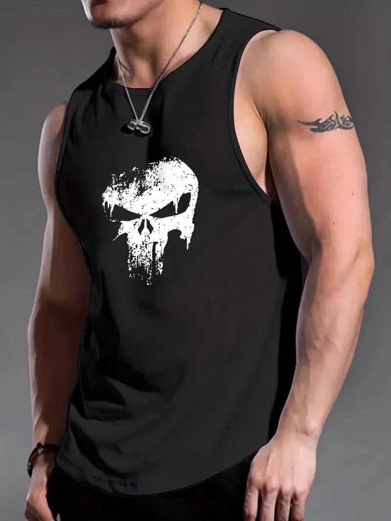 Men’s Punisher Solid Color Sleeveless Tank Top – Round Neck, Breathable Fitness Shirt