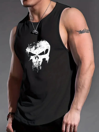 Men’s Punisher Solid Color Sleeveless Tank Top – Round Neck, Breathable Fitness Shirt