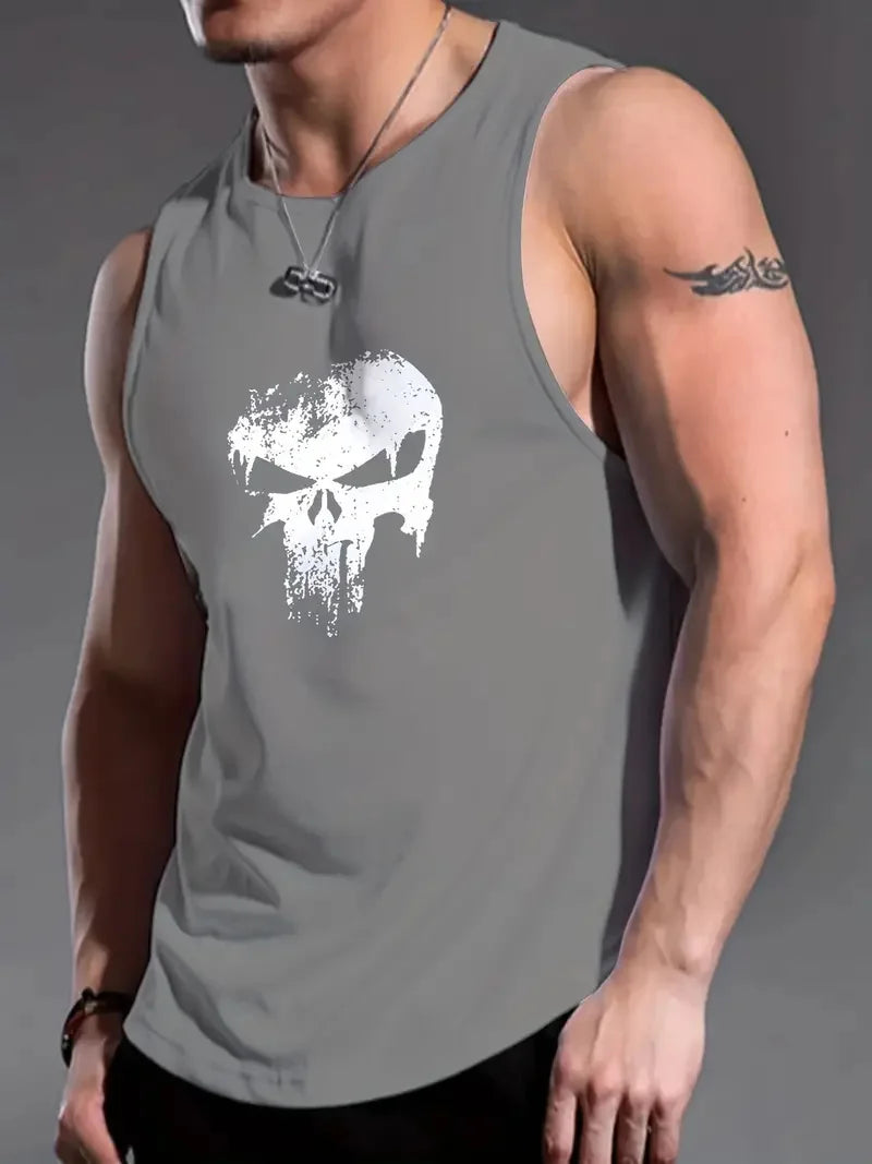Men’s Punisher Solid Color Sleeveless Tank Top – Round Neck, Breathable Fitness Shirt