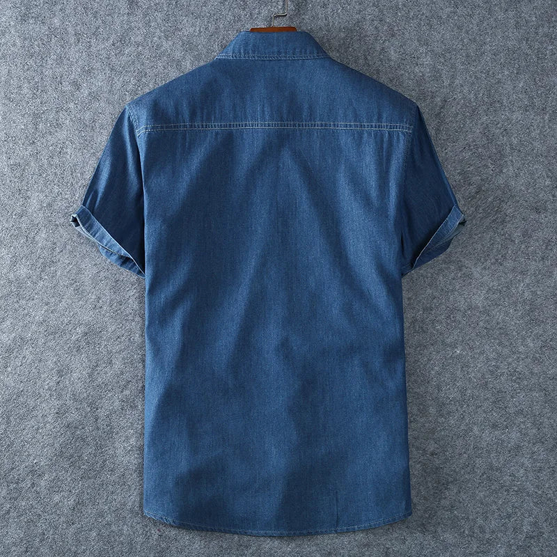 Men's Blue Denim Shirts Short Sleeve Jean Shirts New Summer High Quality Men Cotton Light Blue Denim Shirts Plus size L-8XL