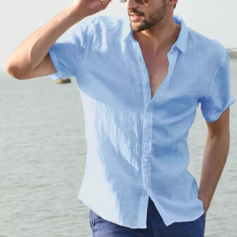 Men’s Casual Short Sleeve Button-Down Shirt – Solid Color, Vacation Style (M–3XL