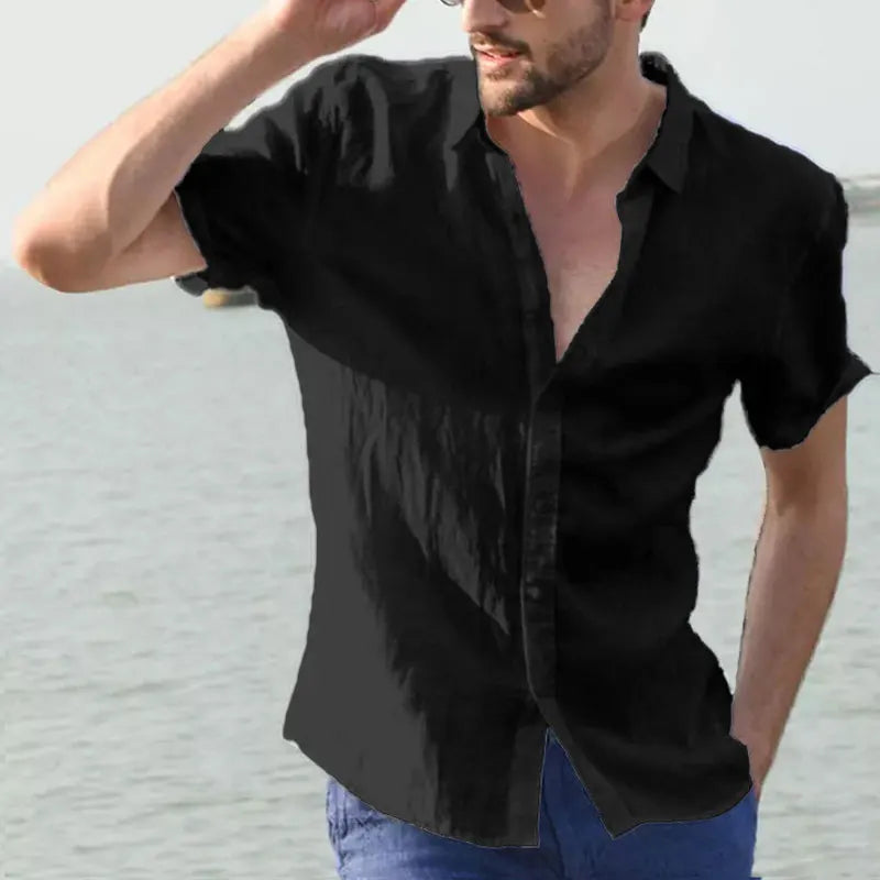 Men’s Casual Short Sleeve Button-Down Shirt – Solid Color, Vacation Style (M–3XL