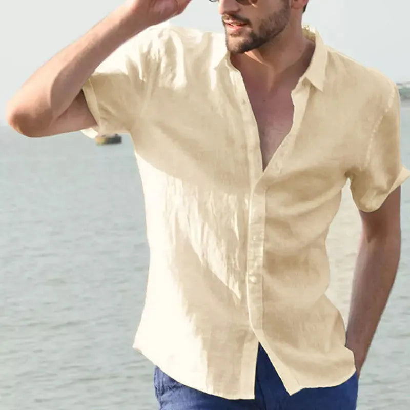 Men’s Casual Short Sleeve Button-Down Shirt – Solid Color, Vacation Style (M–3XL