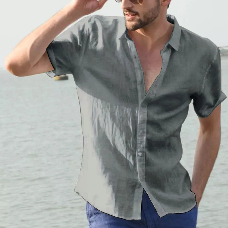 Men’s Casual Short Sleeve Button-Down Shirt – Solid Color, Vacation Style (M–3XL