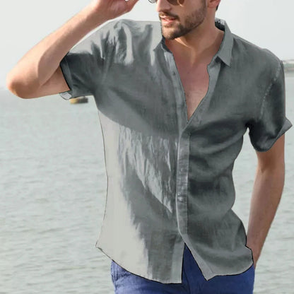 Men’s Casual Short Sleeve Button-Down Shirt – Solid Color, Vacation Style (M–3XL
