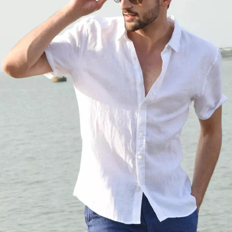 Men’s Casual Short Sleeve Button-Down Shirt – Solid Color, Vacation Style (M–3XL
