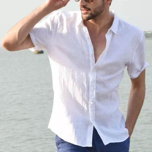 Men’s Casual Short Sleeve Button-Down Shirt – Solid Color, Vacation Style (M–3XL