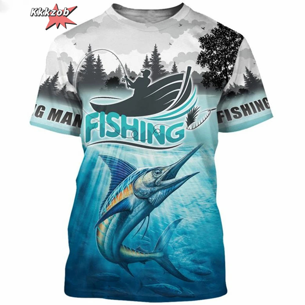 Men’s 3D Fishing Print Oversized T-Shirt – Short Sleeve Outdoor Top