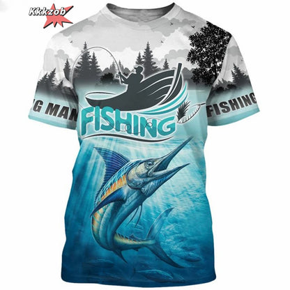 Men’s 3D Fishing Print Oversized T-Shirt – Short Sleeve Outdoor Top