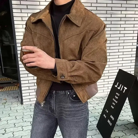 Men’s Vintage Suede Bomber Jacket – Retro Slim Fit Short Flight Coat for Streetwear Fashion