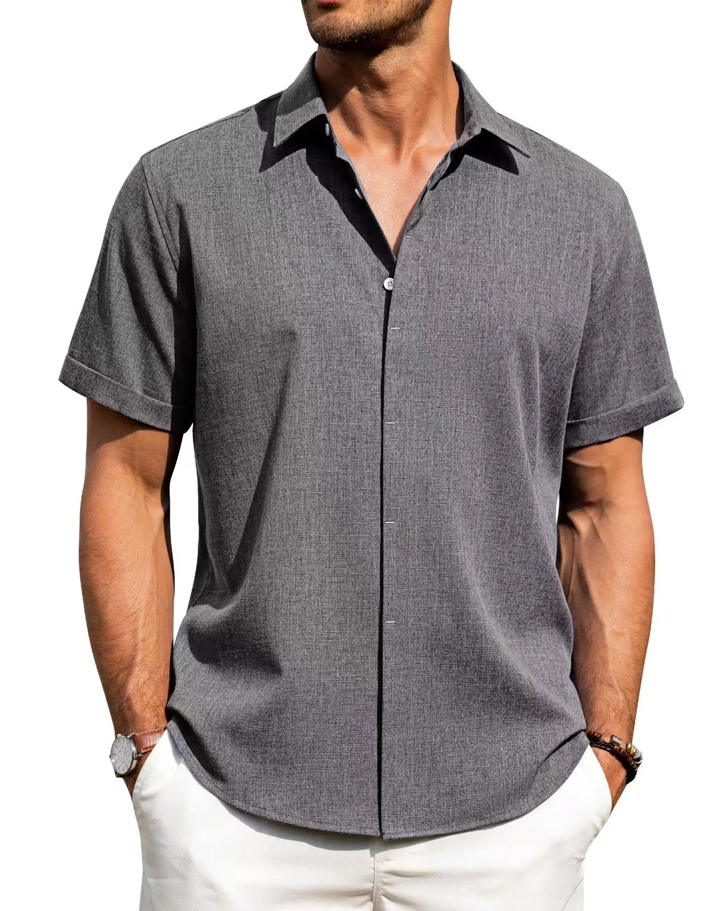 Men’s Casual Button-Down Shirt – Short Sleeve Linen Blend, Loose Fit