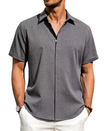 Men’s Casual Button-Down Shirt – Short Sleeve Linen Blend, Loose Fit