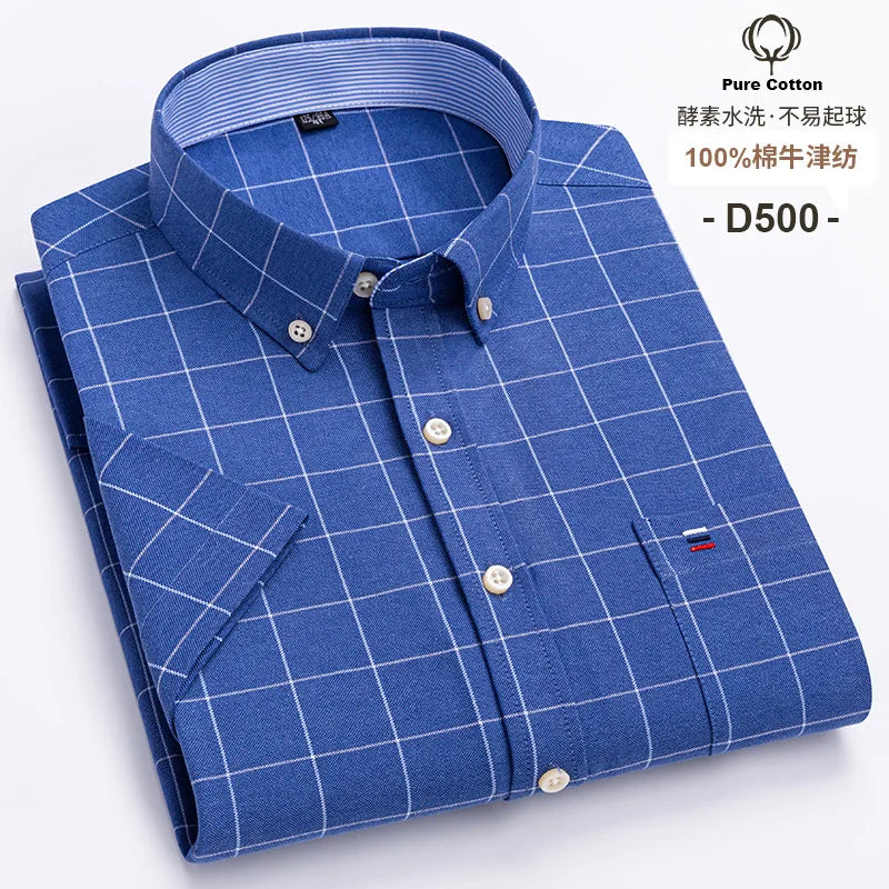 Men’s Plus Size Cotton Oxford Shirt – Short Sleeve, Plaid Stripes, Slim Fit Business Casual Style
