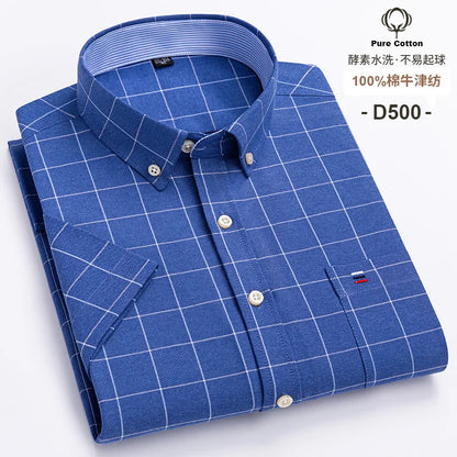 Men’s Plus Size Cotton Oxford Shirt – Short Sleeve, Plaid Stripes, Slim Fit Business Casual Style