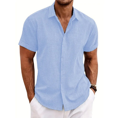 Men’s Casual Button-Down Shirt – Short Sleeve Linen Blend, Loose Fit
