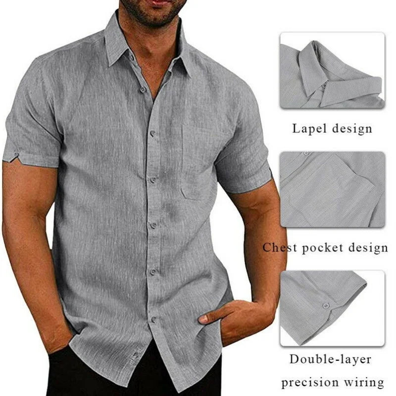 Men’s Linen Blend Button-Down Shirt – Short Sleeve, Chest Pocket, Casual Fit