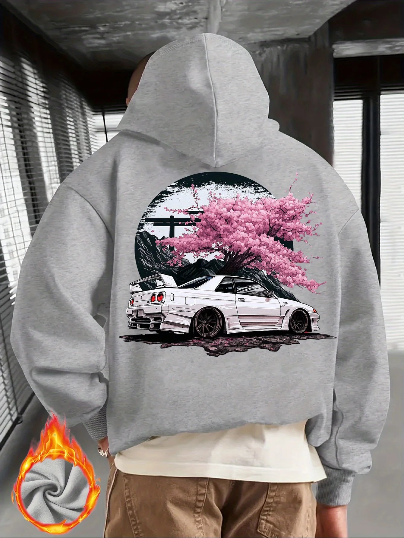 Men’s Black JDM Car Hoodie – Pullover with Cherry Blossom Back Graphic Print