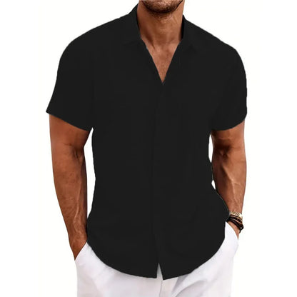 Men’s Casual Button-Down Shirt – Short Sleeve Linen Blend, Loose Fit