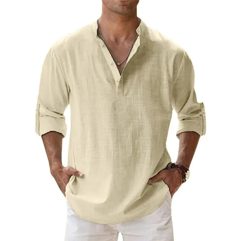 Men’s Cotton Linen Henley Shirt – Lightweight Long Sleeve Beach Style