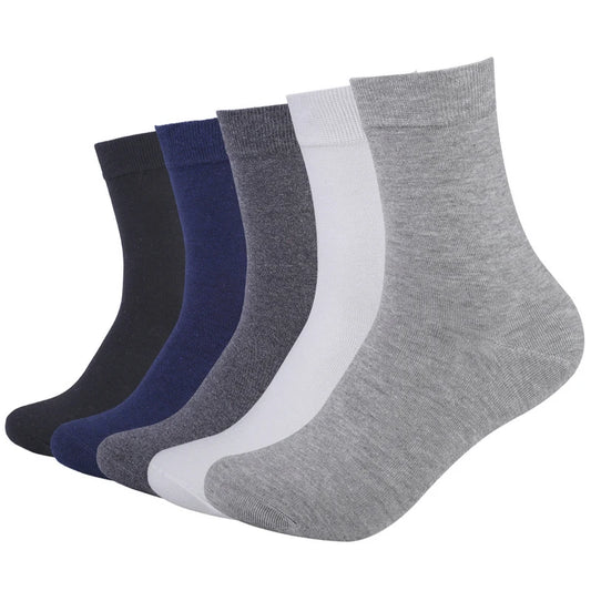 5 Pairs Men Business Socks Middle Tube Solid Color Black White Gray Blue