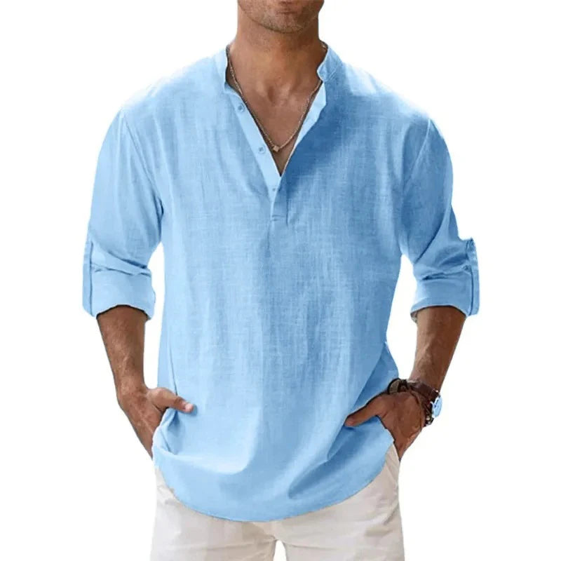 Men’s Cotton Linen Henley Shirt – Lightweight Long Sleeve Beach Style