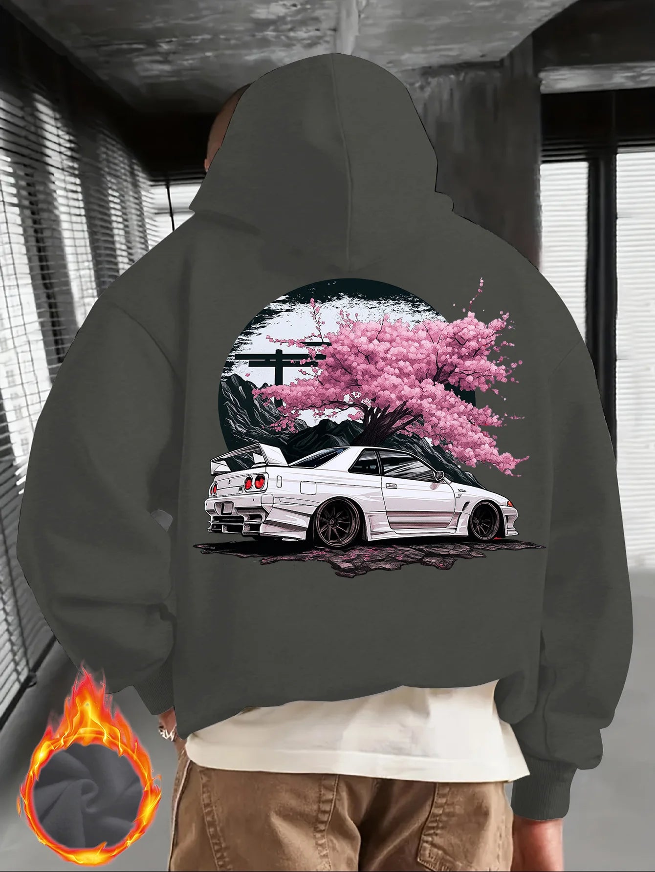 Men’s Black JDM Car Hoodie – Pullover with Cherry Blossom Back Graphic Print