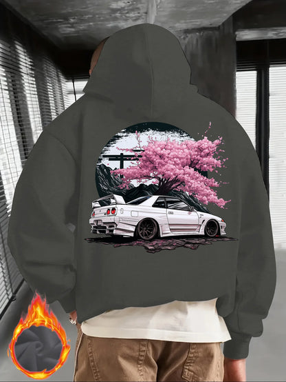 Men’s Black JDM Car Hoodie – Pullover with Cherry Blossom Back Graphic Print