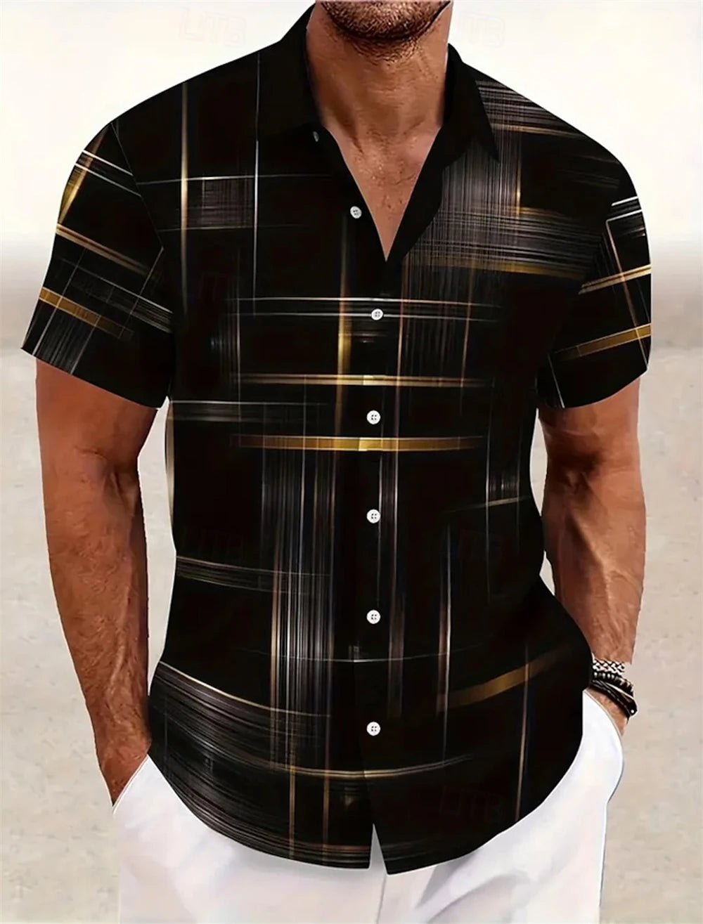 Men’s Geometric Print Short Sleeve Shirt – Casual Button-Down