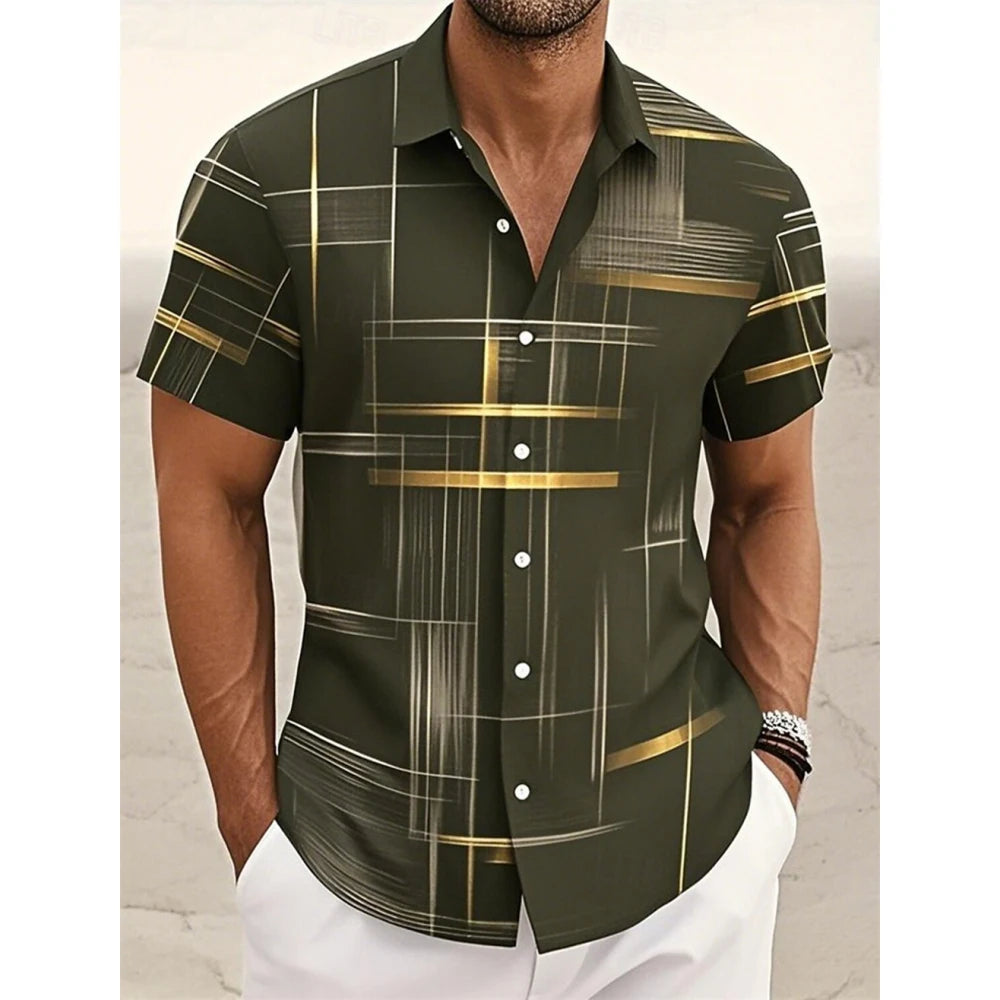 Men’s Geometric Print Short Sleeve Shirt – Casual Button-Down