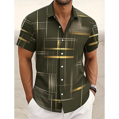 Men’s Geometric Print Short Sleeve Shirt – Casual Button-Down