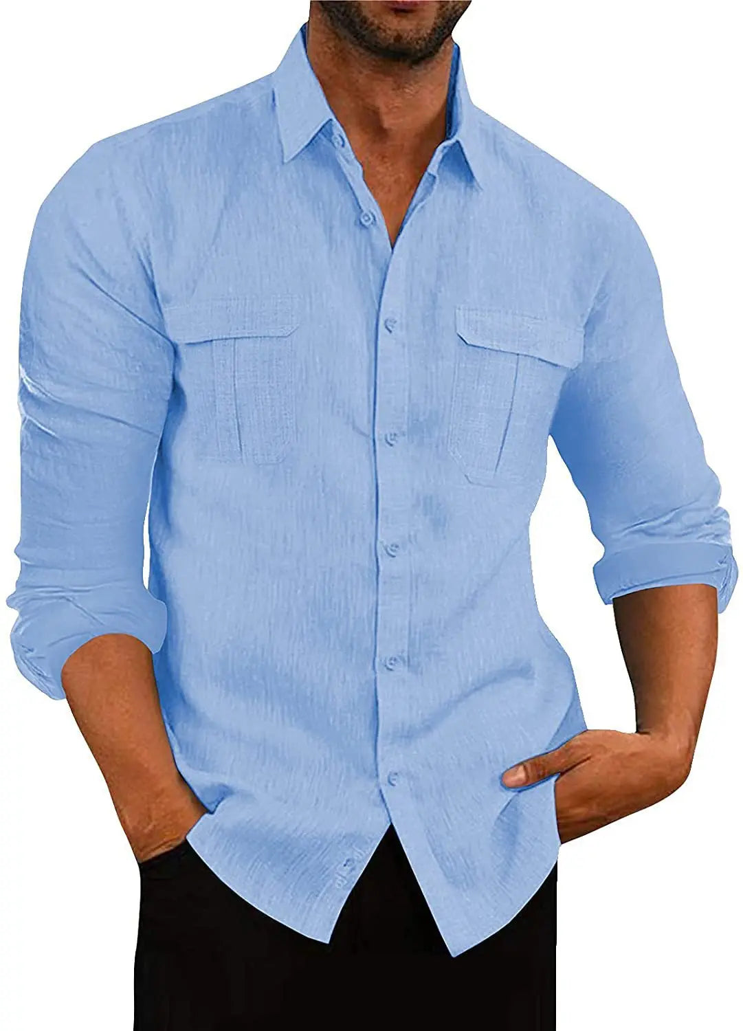 Men’s Cotton Linen Button-Down Shirt – Long Sleeve, Regular Fit, Chest Pockets