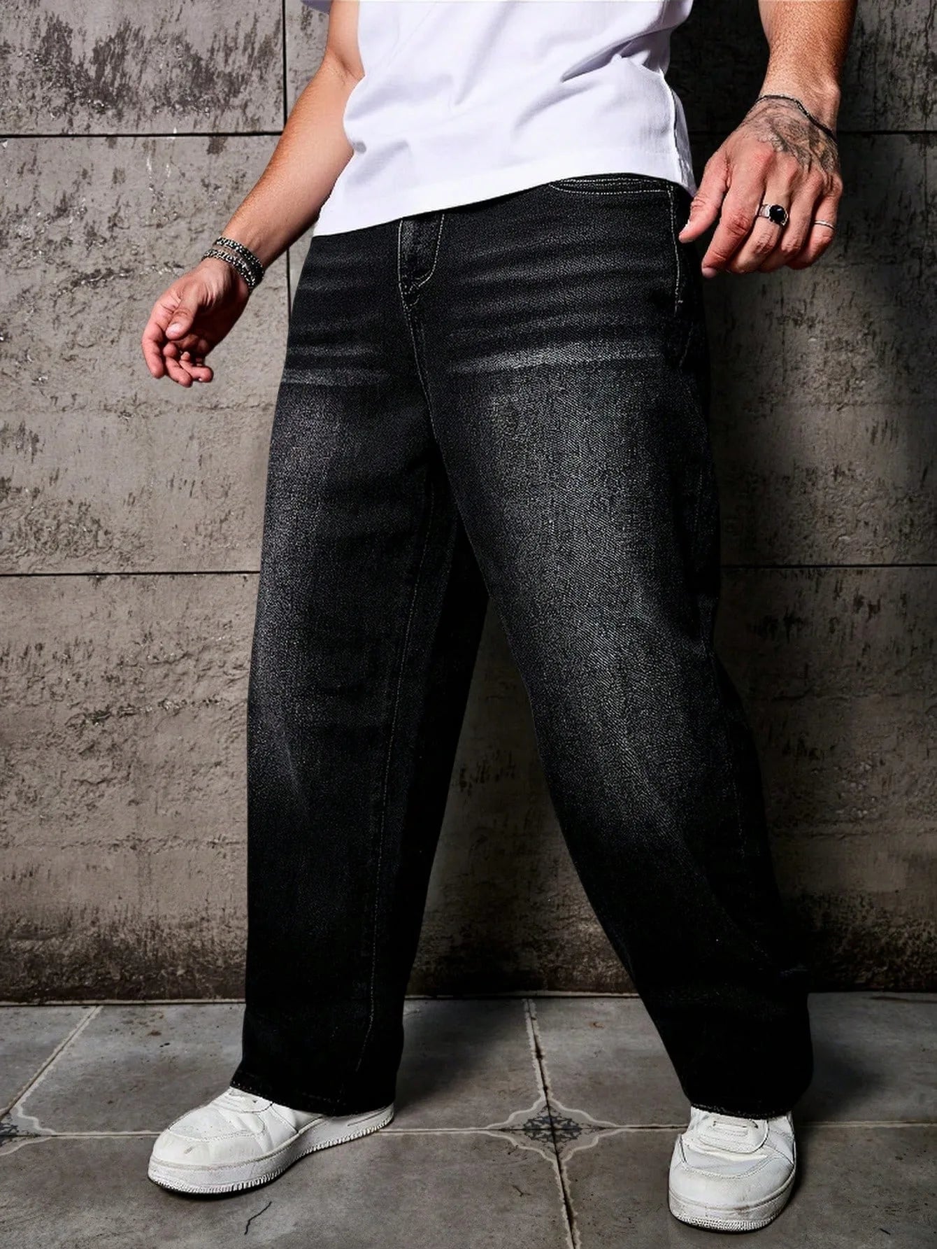 Men’s Black Washed Distressed Jeans – Loose Fit, Wide Leg
