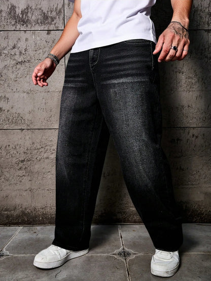 Men’s Black Washed Distressed Jeans – Loose Fit, Wide Leg