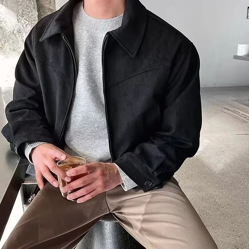 Men’s Vintage Suede Bomber Jacket – Retro Slim Fit Short Flight Coat for Streetwear Fashion